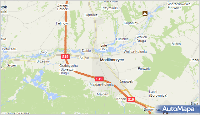 mapa Modliborzyce powiat janowski, Modliborzyce powiat janowski na mapie Targeo