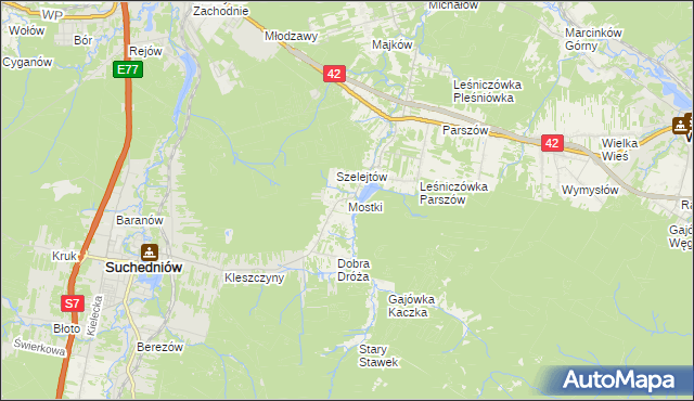 mapa Mostki gmina Suchedniów, Mostki gmina Suchedniów na mapie Targeo