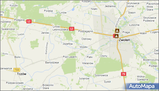 mapa Mostki gmina Zwoleń, Mostki gmina Zwoleń na mapie Targeo