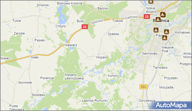 mapa Mszano gmina Brodnica, Mszano gmina Brodnica na mapie Targeo