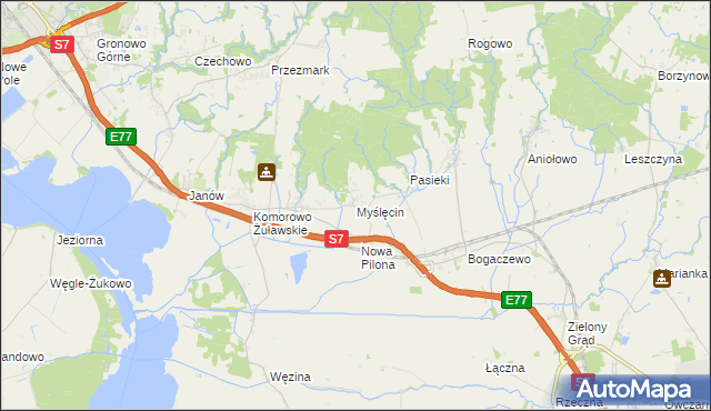 mapa Myślęcin gmina Elbląg, Myślęcin gmina Elbląg na mapie Targeo