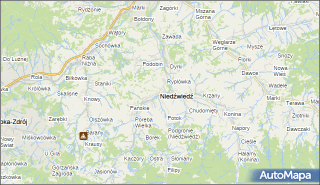 mapa Niedźwiedź powiat limanowski, Niedźwiedź powiat limanowski na mapie Targeo