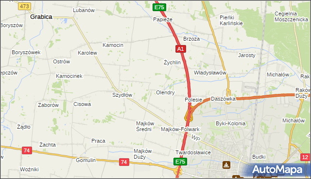 mapa Olendry gmina Grabica, Olendry gmina Grabica na mapie Targeo