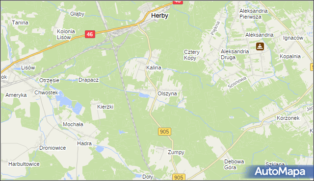 mapa Olszyna gmina Herby, Olszyna gmina Herby na mapie Targeo