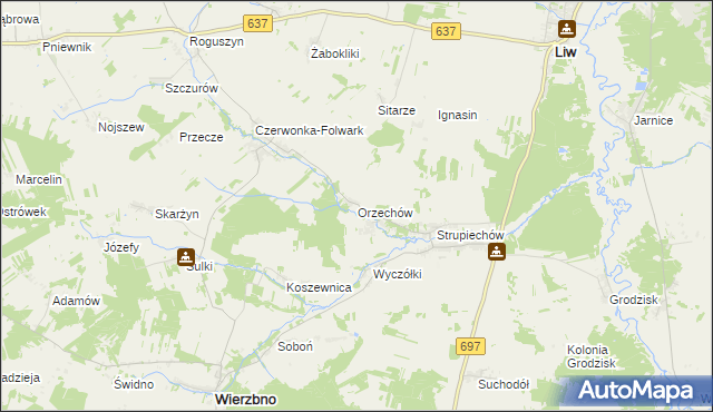 mapa Orzechów gmina Wierzbno, Orzechów gmina Wierzbno na mapie Targeo