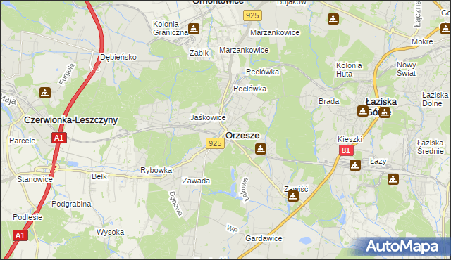 mapa Orzesze powiat mikołowski, Orzesze powiat mikołowski na mapie Targeo