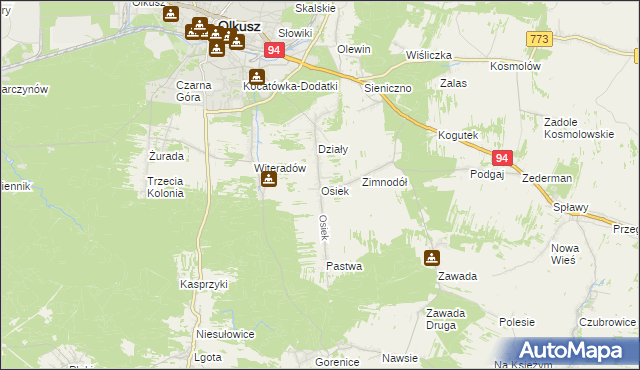 mapa Osiek gmina Olkusz, Osiek gmina Olkusz na mapie Targeo