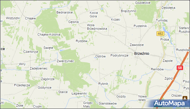 mapa Ostrów gmina Brzeźnio, Ostrów gmina Brzeźnio na mapie Targeo