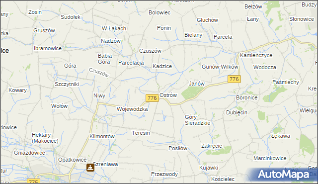 mapa Ostrów gmina Proszowice, Ostrów gmina Proszowice na mapie Targeo