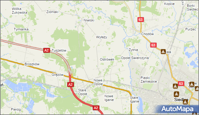 mapa Ostrówek gmina Siedlce, Ostrówek gmina Siedlce na mapie Targeo