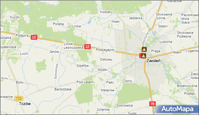 mapa Ostrowy gmina Zwoleń, Ostrowy gmina Zwoleń na mapie Targeo