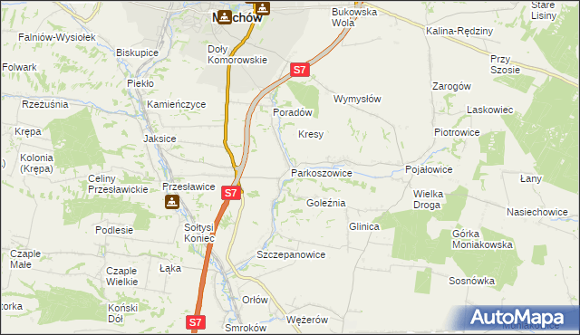 mapa Parkoszowice gmina Miechów, Parkoszowice gmina Miechów na mapie Targeo