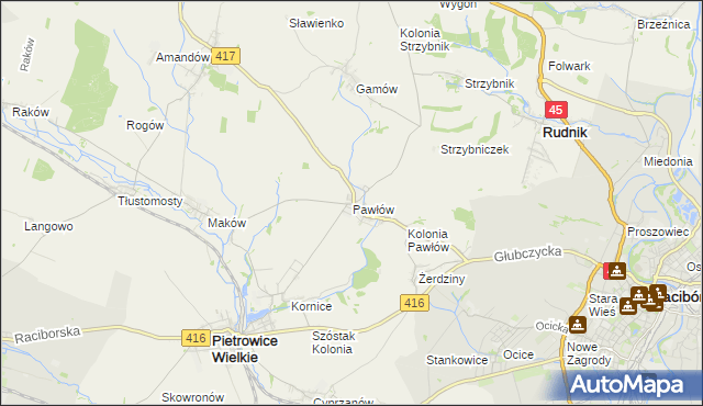 mapa Pawłów gmina Pietrowice Wielkie, Pawłów gmina Pietrowice Wielkie na mapie Targeo