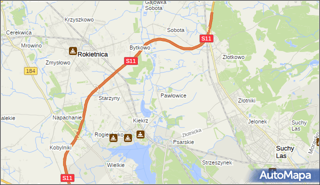 mapa Pawłowice gmina Rokietnica, Pawłowice gmina Rokietnica na mapie Targeo