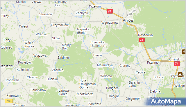 mapa Piaski gmina Mniów, Piaski gmina Mniów na mapie Targeo