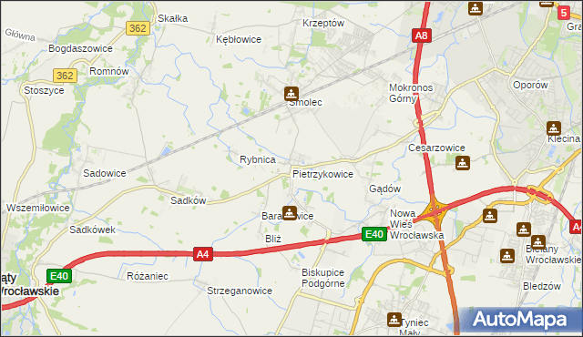 mapa Pietrzykowice gmina Kąty Wrocławskie, Pietrzykowice gmina Kąty Wrocławskie na mapie Targeo