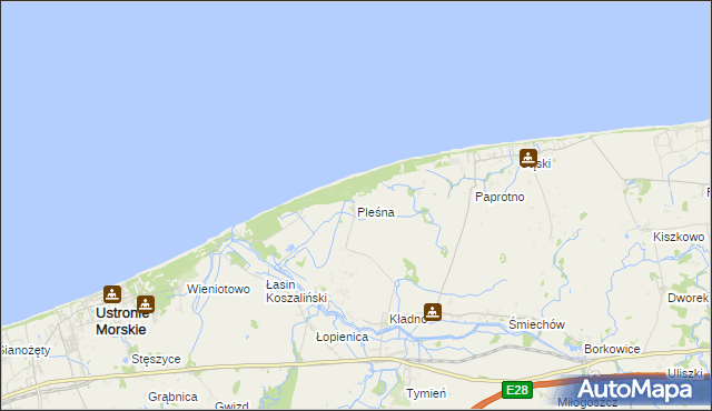 mapa Pleśna gmina Będzino, Pleśna gmina Będzino na mapie Targeo