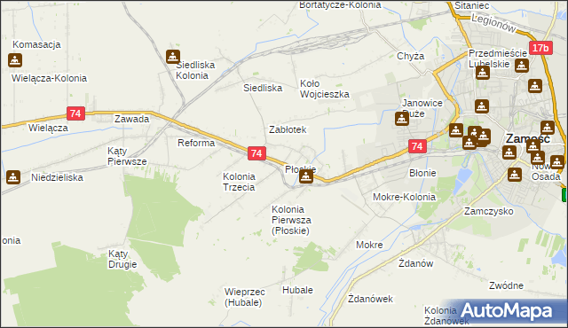 mapa Płoskie gmina Zamość, Płoskie gmina Zamość na mapie Targeo