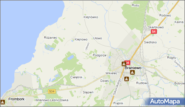 mapa Podgórze gmina Braniewo, Podgórze gmina Braniewo na mapie Targeo