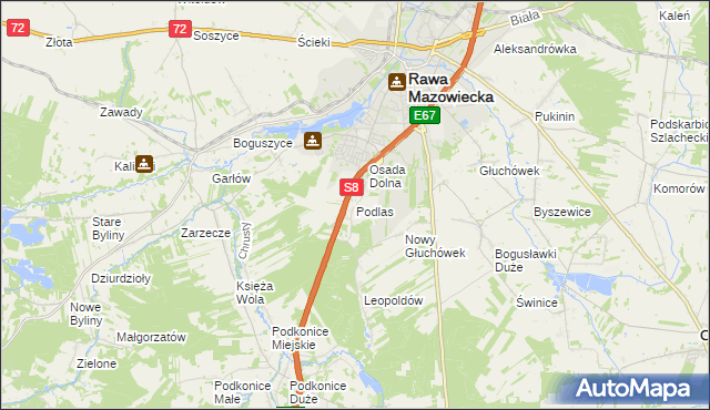 mapa Podlas gmina Rawa Mazowiecka, Podlas gmina Rawa Mazowiecka na mapie Targeo