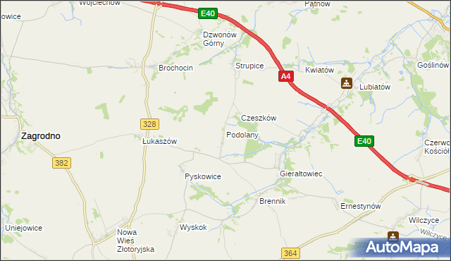 mapa Podolany gmina Złotoryja, Podolany gmina Złotoryja na mapie Targeo