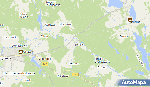 mapa Policko gmina Pszczew, Policko gmina Pszczew na mapie Targeo