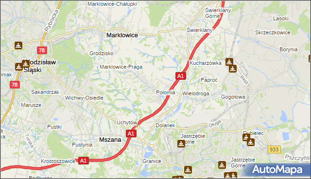 mapa Połomia gmina Mszana, Połomia gmina Mszana na mapie Targeo