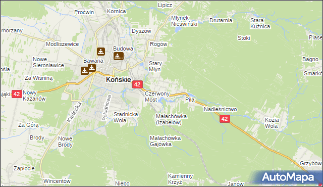 mapa Pomyków gmina Końskie, Pomyków gmina Końskie na mapie Targeo