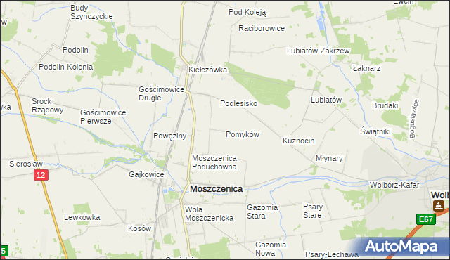 mapa Pomyków gmina Moszczenica, Pomyków gmina Moszczenica na mapie Targeo