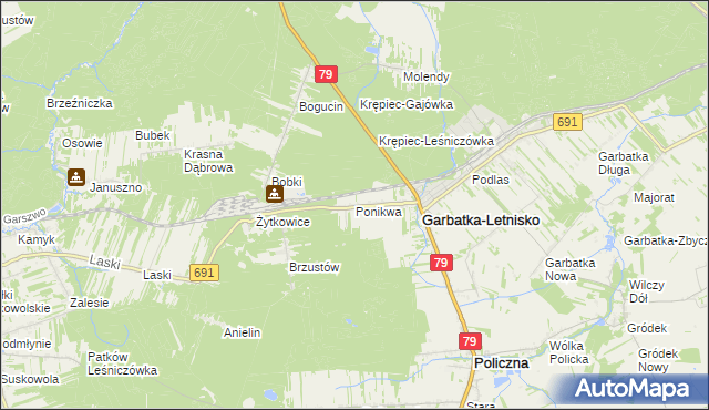 mapa Ponikwa gmina Garbatka-Letnisko, Ponikwa gmina Garbatka-Letnisko na mapie Targeo