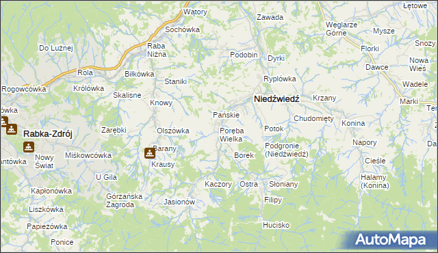 mapa Poręba Wielka gmina Niedźwiedź, Poręba Wielka gmina Niedźwiedź na mapie Targeo