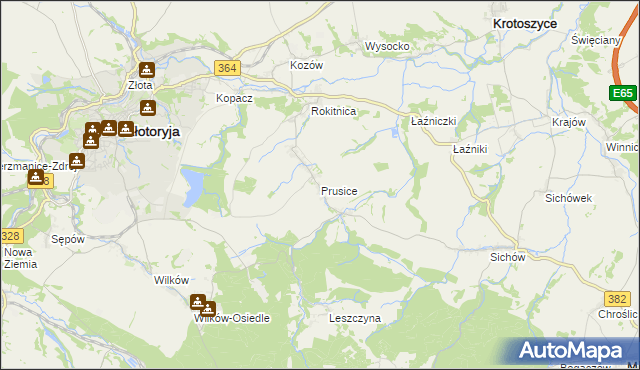 mapa Prusice gmina Złotoryja, Prusice gmina Złotoryja na mapie Targeo