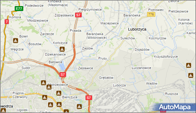 mapa Prusy gmina Kocmyrzów-Luborzyca, Prusy gmina Kocmyrzów-Luborzyca na mapie Targeo