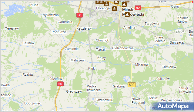 mapa Prusy gmina Mińsk Mazowiecki, Prusy gmina Mińsk Mazowiecki na mapie Targeo