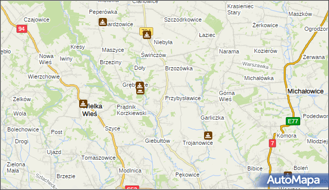 mapa Przybysławice gmina Zielonki, Przybysławice gmina Zielonki na mapie Targeo