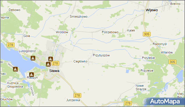 mapa Przybyszów gmina Sława, Przybyszów gmina Sława na mapie Targeo