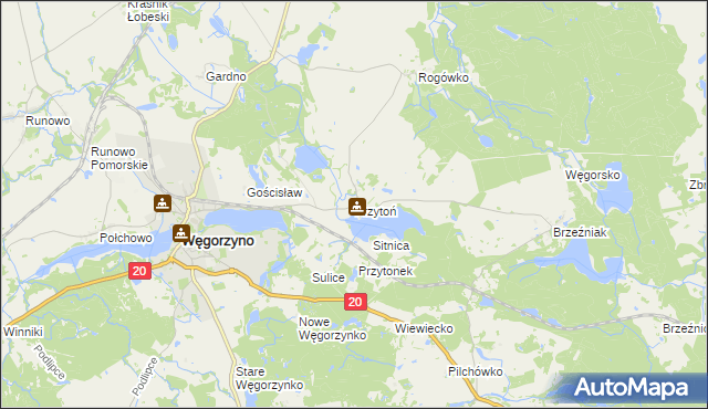mapa Przytoń gmina Węgorzyno, Przytoń gmina Węgorzyno na mapie Targeo