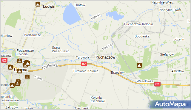 mapa Puchaczów powiat łęczyński, Puchaczów powiat łęczyński na mapie Targeo