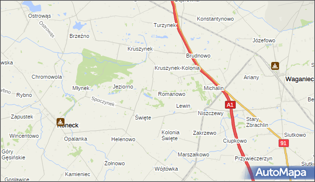 mapa Romanowo gmina Koneck, Romanowo gmina Koneck na mapie Targeo