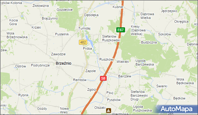 mapa Ruszków gmina Brzeźnio, Ruszków gmina Brzeźnio na mapie Targeo