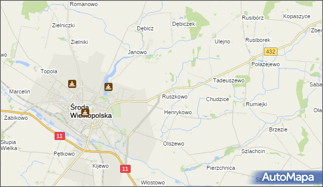 mapa Ruszkowo gmina Środa Wielkopolska, Ruszkowo gmina Środa Wielkopolska na mapie Targeo