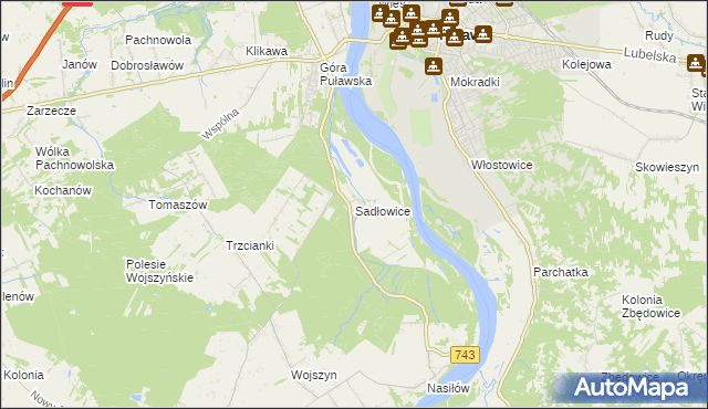 mapa Sadłowice gmina Puławy, Sadłowice gmina Puławy na mapie Targeo