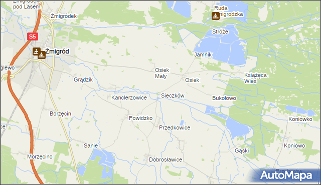 mapa Sieczków gmina Żmigród, Sieczków gmina Żmigród na mapie Targeo