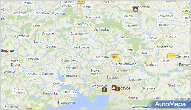 mapa Sieraków gmina Dobczyce, Sieraków gmina Dobczyce na mapie Targeo