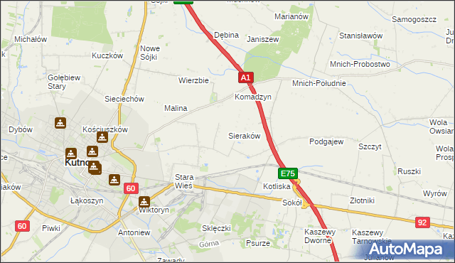 mapa Sieraków gmina Kutno, Sieraków gmina Kutno na mapie Targeo