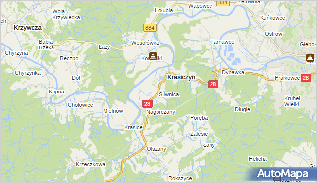 mapa Śliwnica gmina Krasiczyn, Śliwnica gmina Krasiczyn na mapie Targeo
