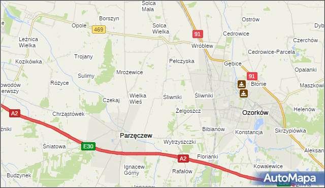 mapa Śliwniki gmina Parzęczew, Śliwniki gmina Parzęczew na mapie Targeo