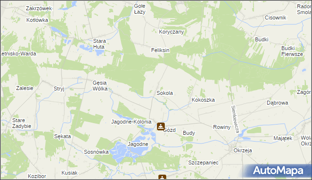 mapa Sokola gmina Kłoczew, Sokola gmina Kłoczew na mapie Targeo
