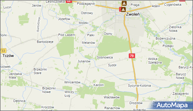 mapa Sosnowica gmina Zwoleń, Sosnowica gmina Zwoleń na mapie Targeo