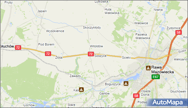 mapa Soszyce gmina Rawa Mazowiecka, Soszyce gmina Rawa Mazowiecka na mapie Targeo